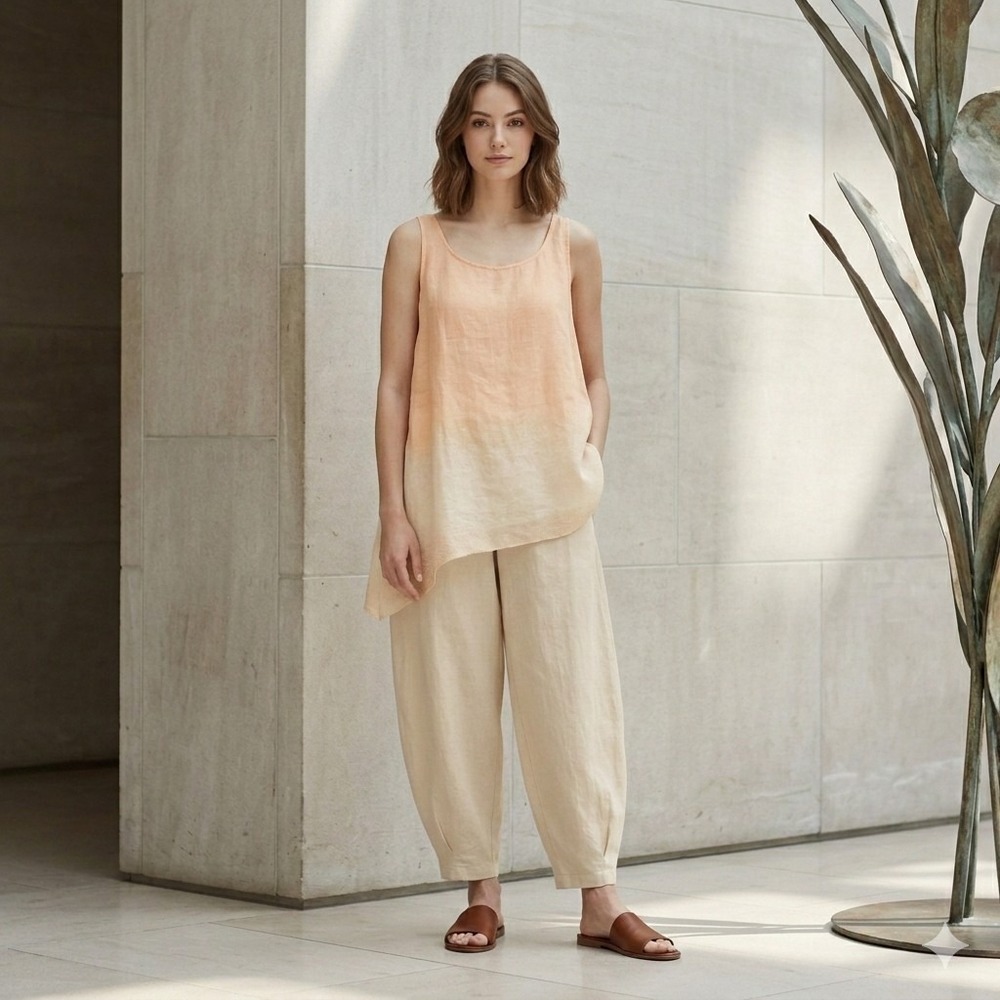 Eileen Fisher Dapple Ramie Asymmetrical Tank Top L Peach Alabaster Quiet‎ Luxury